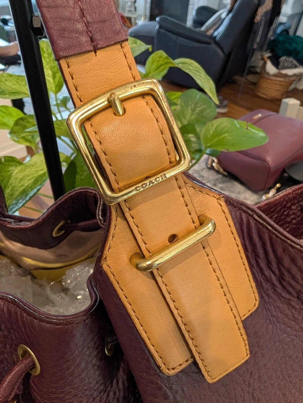 Coach Legacy Pebbled Leather Drawstring Satchel Bag - Eggplant